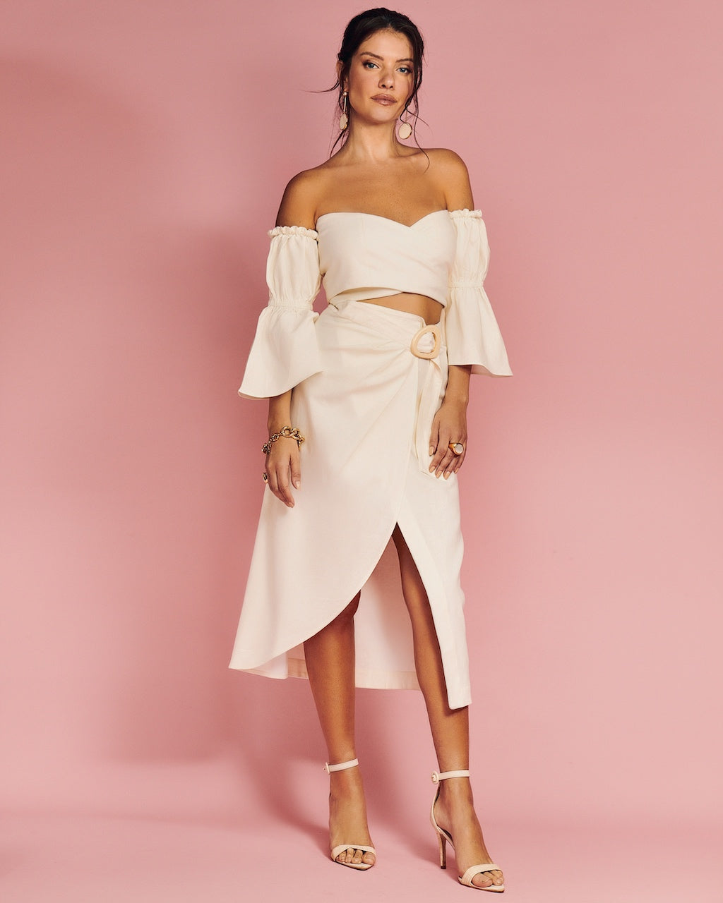 Tan/ Alaia Off Shoulder Puff Sleeve Crop Top